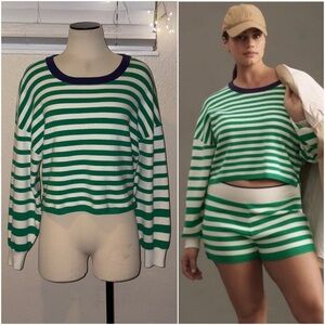 ANTHRO Daily Practice Green White Stripe Navy Round Neck Top $98 EUC M